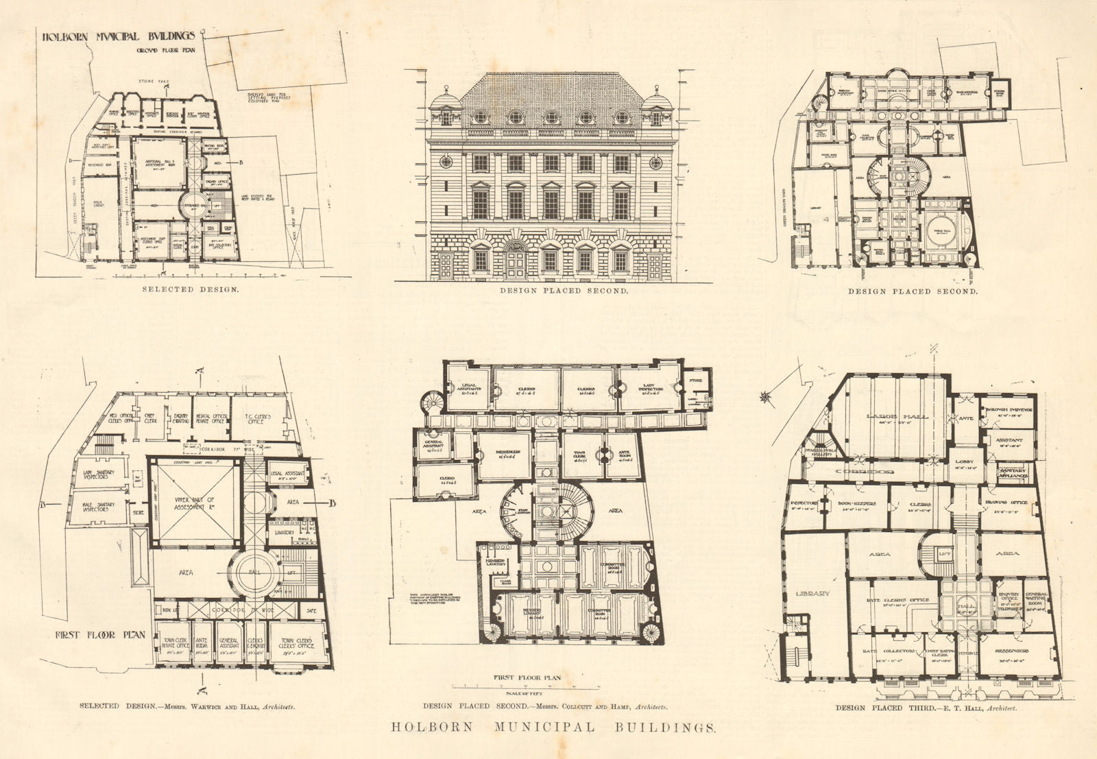 Holborn Municipal Buildings. Selected design. Plans. London 1906 old print